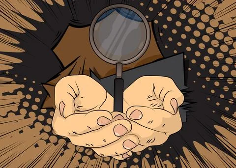 Cartoon, comic book human hands holding Magnifying glass. Retro vector comi.. Stock Illustration
