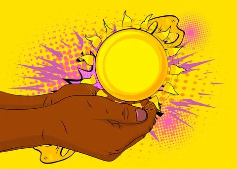 Cartoon, comic book human hands holding Sun. Retro vector comics pop art de.. Stock Illustration