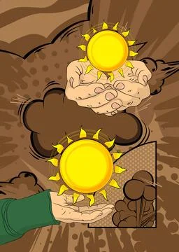 Cartoon, comic book human hands holding Sun. Retro vector comics pop art de.. Stock Illustration