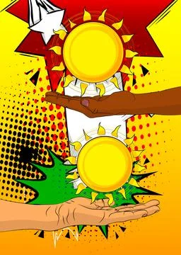 Cartoon, comic book human hands holding Sun. Retro vector comics pop art de.. Stock Illustration