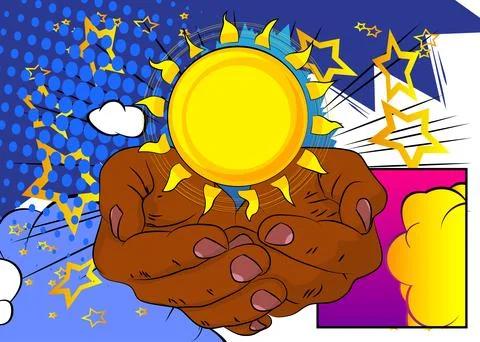 Cartoon, comic book human hands holding Sun. Retro vector comics pop art de.. Stock Illustration