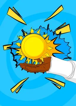 Cartoon, comic book human hands holding Sun. Retro vector comics pop art de.. Stock Illustration