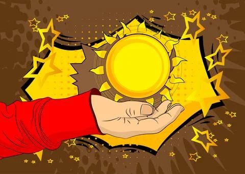 Cartoon, comic book human hands holding Sun. Retro vector comics pop art de.. Stock Illustration