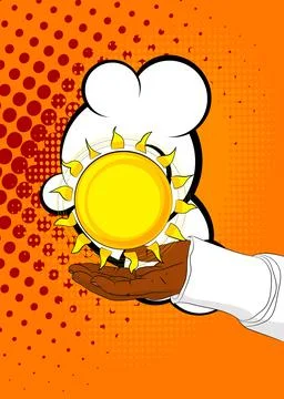 Cartoon, comic book human hands holding Sun. Retro vector comics pop art de.. Stock Illustration