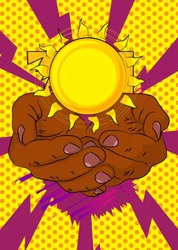 Cartoon, comic book human hands holding Sun. Retro vector comics pop art de.. Stock Illustration