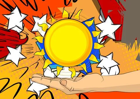 Cartoon, comic book human hands holding Sun. Retro vector comics pop art de.. Stock Illustration