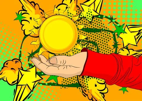 Cartoon, comic book human hands holding Sun. Retro vector comics pop art de.. Stock Illustration