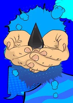 Cartoon, comic book human hands holding Oil Drop. Retro vector comics pop a.. 스톡 일러스트