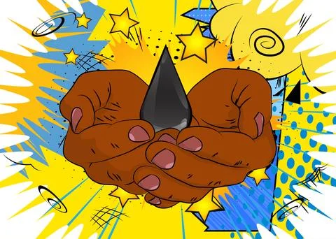 Cartoon, comic book human hands holding Oil Drop. Retro vector comics pop a.. 스톡 일러스트
