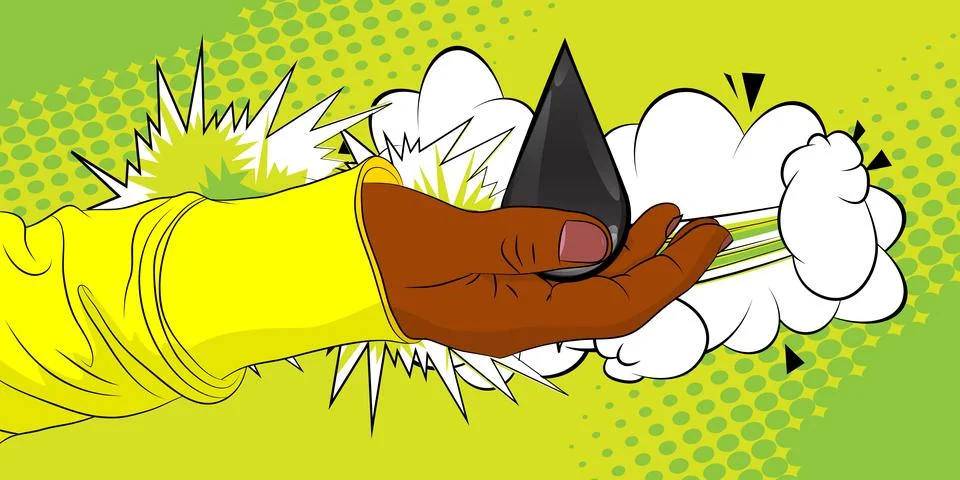 Cartoon, comic book human hands holding Oil Drop. Retro vector comics pop a.. 스톡 일러스트