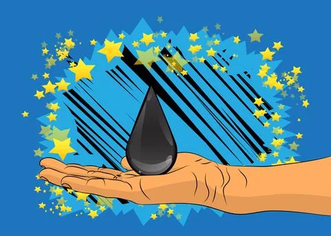 Cartoon, comic book human hands holding Oil Drop. Retro vector comics pop a.. 스톡 일러스트