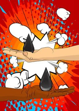 Cartoon, comic book human hands holding Oil Drop. Retro vector comics pop a.. 스톡 일러스트