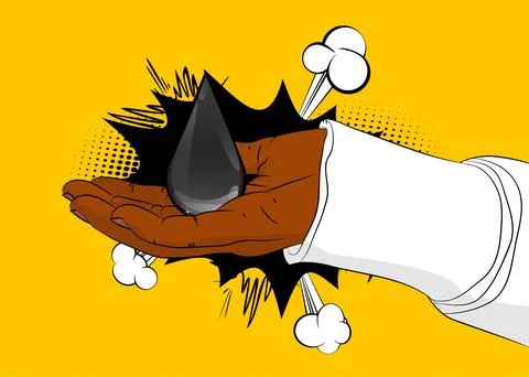 Cartoon, comic book human hands holding Oil Drop. Retro vector comics pop a.. 스톡 일러스트