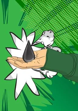 Cartoon, comic book human hands holding Oil Drop. Retro vector comics pop a.. 스톡 일러스트