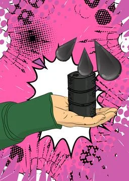 Cartoon, comic book human hands holding Oil Barrel and Oil Drop. Retro vect.. Illustrazione stock