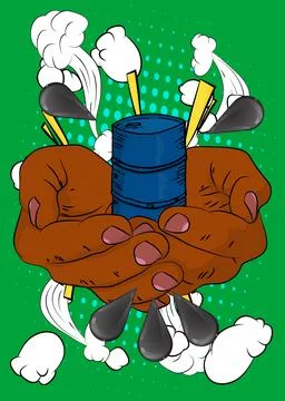 Cartoon, comic book human hands holding Oil Barrel and Oil Drop. Retro vect.. Illustrazione stock