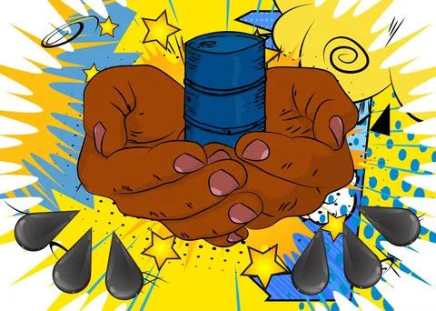 Cartoon, comic book human hands holding Oil Barrel and Oil Drop. Retro vect.. Illustrazione stock