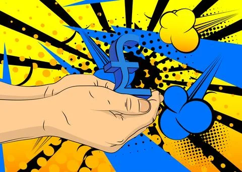 Cartoon, comic book human hands holding English Pound Sign. Retro vector co.. Stock Illustration
