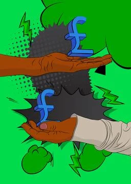 Cartoon, comic book human hands holding English Pound Sign. Retro vector co.. Stock Illustration
