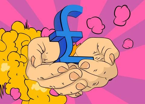 Cartoon, comic book human hands holding English Pound Sign. Retro vector co.. Stock Illustration
