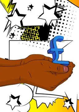 Cartoon, comic book human hands holding English Pound Sign. Retro vector co.. Stock Illustration