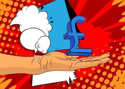 Cartoon, comic book human hands holding English Pound Sign. Retro vector co.. Stock Illustration