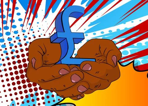 Cartoon, comic book human hands holding English Pound Sign. Retro vector co.. Stock Illustration