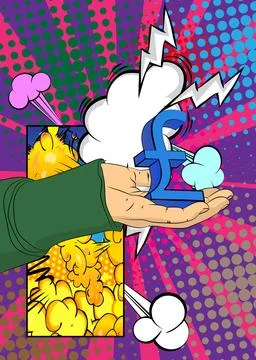 Cartoon, comic book human hands holding English Pound Sign. Retro vector co.. Stock Illustration