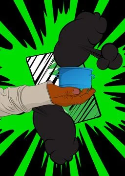 Cartoon, comic book human hands holding Kitchen Pot. Retro vector comics po.. Stock-Illustration
