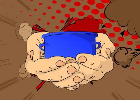 Cartoon, comic book human hands holding Kitchen Pot. Retro vector comics po.. Stock-Illustration