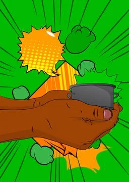 Cartoon, comic book human hands holding Kitchen Pot. Retro vector comics po.. Stock-Illustration