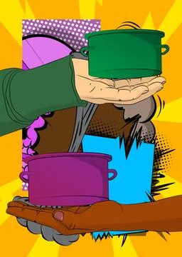 Cartoon, comic book human hands holding Kitchen Pot. Retro vector comics po.. Stock-Illustration