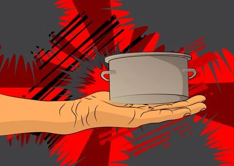 Cartoon, comic book human hands holding Kitchen Pot. Retro vector comics po.. Stock-Illustration