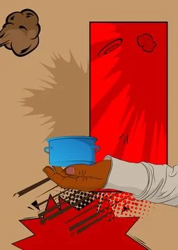 Cartoon, comic book human hands holding Kitchen Pot. Retro vector comics po.. Stock-Illustration