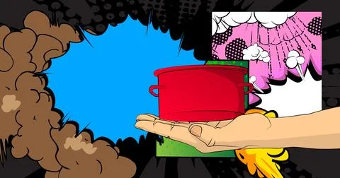Cartoon, comic book human hands holding Kitchen Pot. Retro vector comics po.. Stock-Illustration