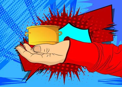 Cartoon, comic book human hands holding Kitchen Pot. Retro vector comics po.. Stock-Illustration