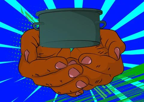 Cartoon, comic book human hands holding Kitchen Pot. Retro vector comics po.. Stock-Illustration