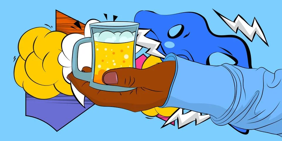 Cartoon, comic book human hands holding Mug of Beer. Retro vector comics po.. Stock-Illustration