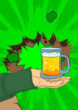 Cartoon, comic book human hands holding Mug of Beer. Retro vector comics po.. Stock-Illustration
