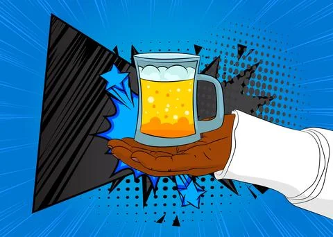 Cartoon, comic book human hands holding Mug of Beer. Retro vector comics po.. Stock-Illustration