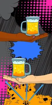 Cartoon, comic book human hands holding Mug of Beer. Retro vector comics po.. Stock-Illustration