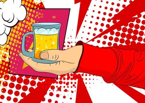Cartoon, comic book human hands holding Mug of Beer. Retro vector comics po.. Stock-Illustration