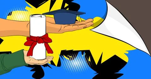 Cartoon, comic book human hands holding Graduation Cap and Rolled Up Diplom.. Stock Illustration