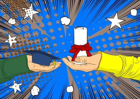 Cartoon, comic book human hands holding Graduation Cap and Rolled Up Diplom.. Stock Illustration