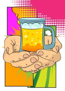 Cartoon, comic book human hands holding Mug of Beer. Retro vector comics po.. Stock Illustration