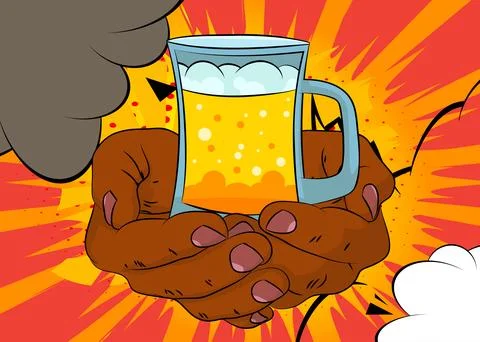 Cartoon, comic book human hands holding Mug of Beer. Retro vector comics po.. Stock Illustration