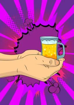 Cartoon, comic book human hands holding Mug of Beer. Retro vector comics po.. Stock Illustration