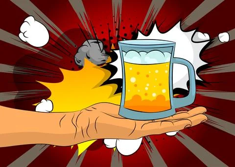 Cartoon, comic book human hands holding Mug of Beer. Retro vector comics po.. Stock Illustration