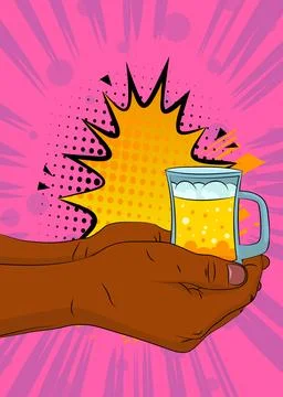 Cartoon, comic book human hands holding Mug of Beer. Retro vector comics po.. Stock Illustration