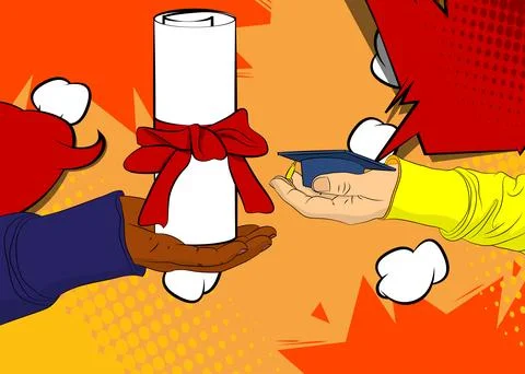 Cartoon, comic book human hands holding Graduation Cap and Rolled Up Diplom.. Illustrazione stock